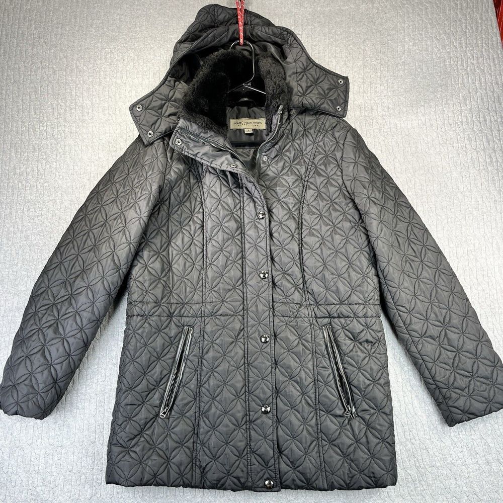 Marc New York Women coat (S) quilted insulated black removable hoodie chin strap